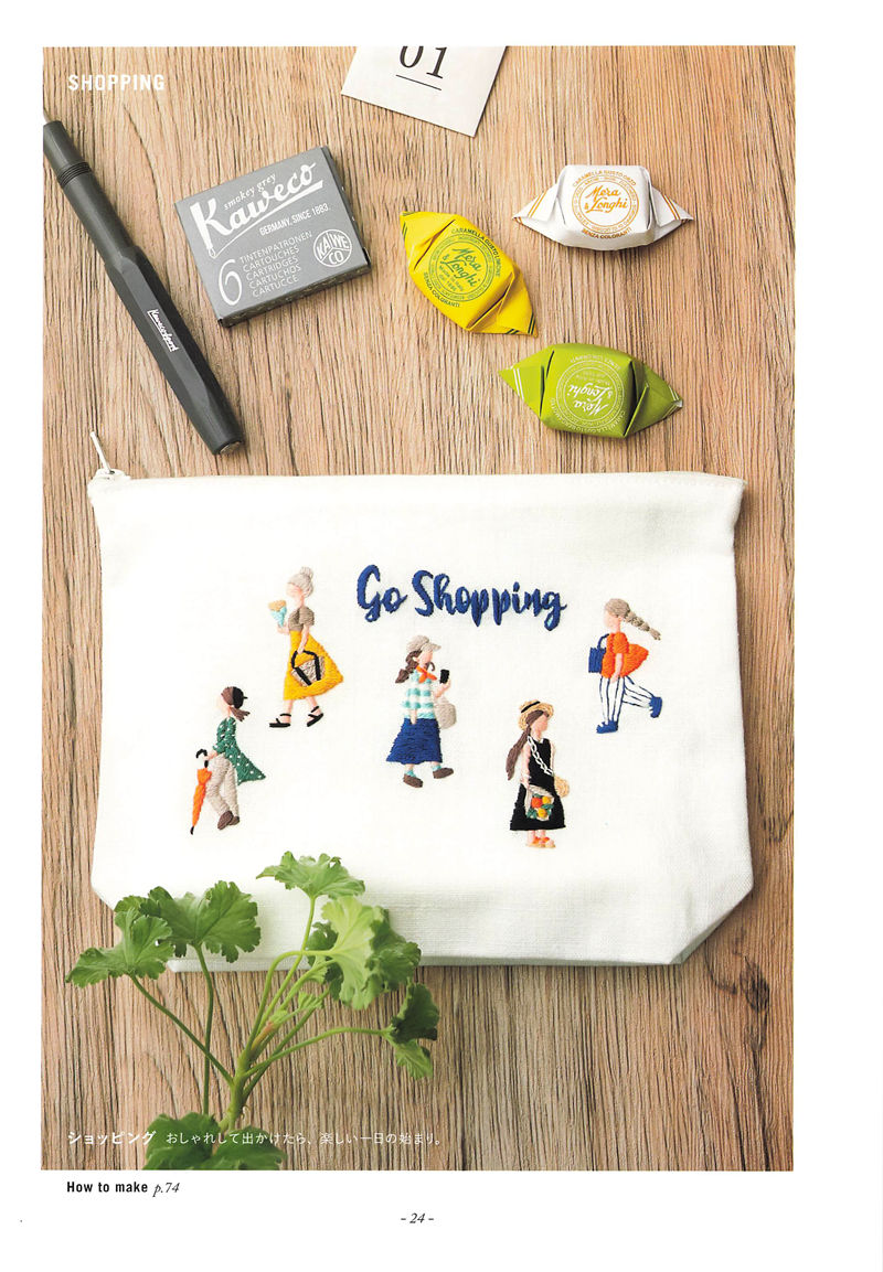 20221014_656 Embroidered zip pouch pattern with Go Shopping lettering and five stitched shoppers in colourful outfits