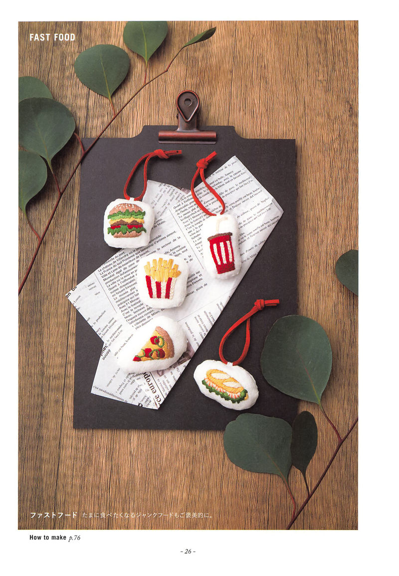 20221014_658 Fast food embroidery charms: a burger, fries, soda cup, pizza slice and sandwich on red cords