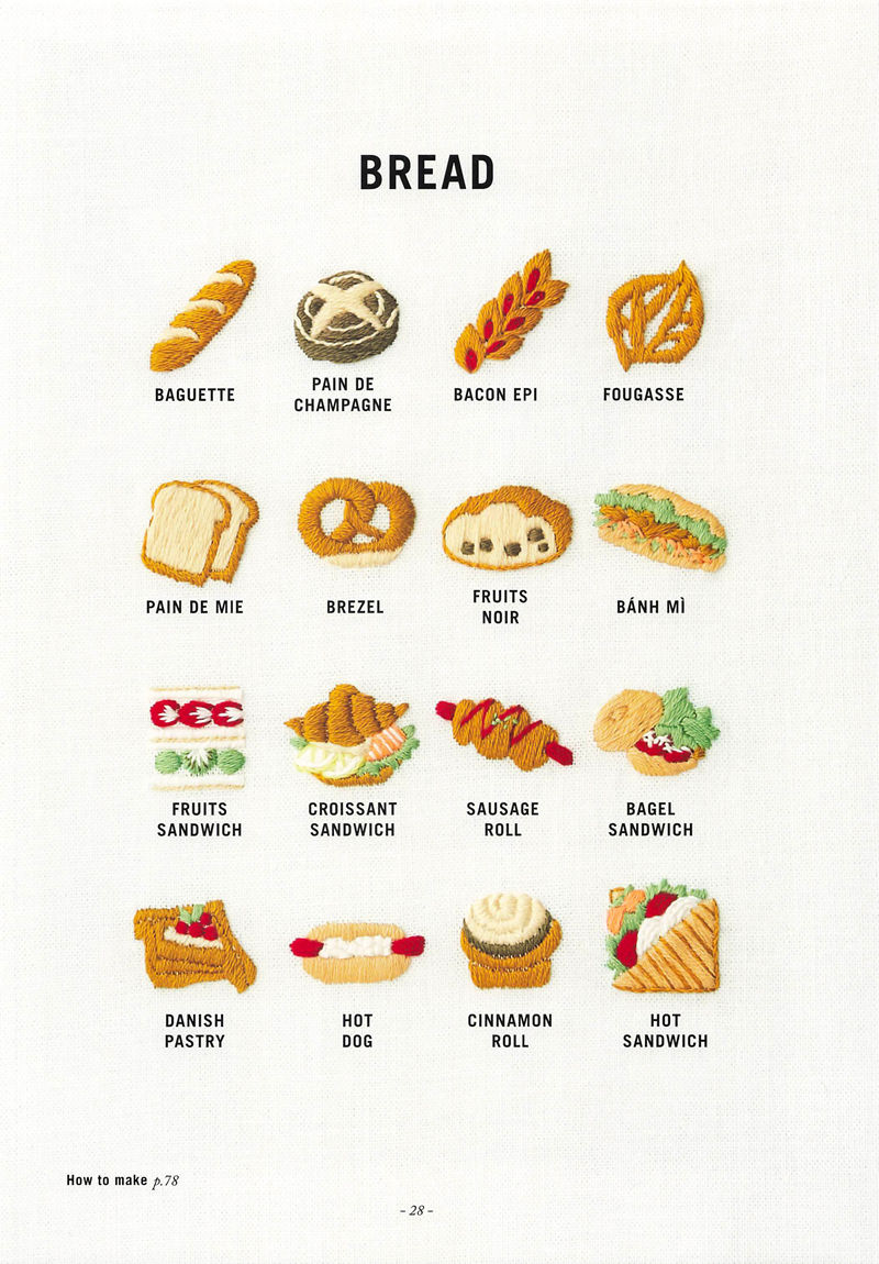 20221014_660 Bread embroidery designs chart: baguette, croissant sandwich, pretzel, bagel, cinnamon roll and more