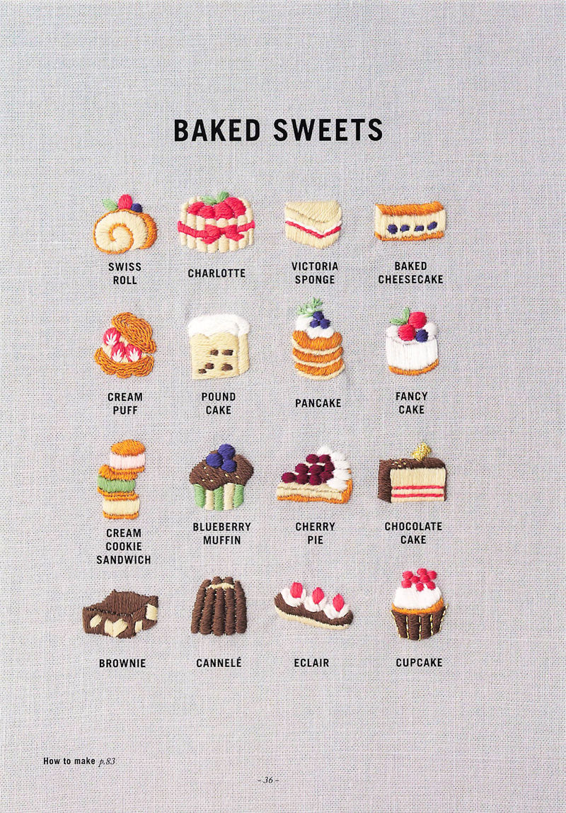20221014_668 Cake embroidery designs chart: Swiss roll, cheesecake, cream puff, muffin, brownie, eclair and cupcake