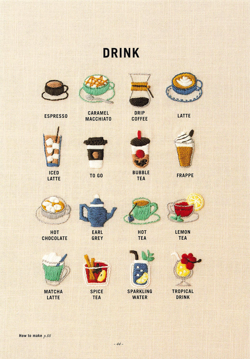 20221014_676 Drink embroidery patterns chart: espresso, latte, bubble tea, iced latte, matcha latte and lemon tea