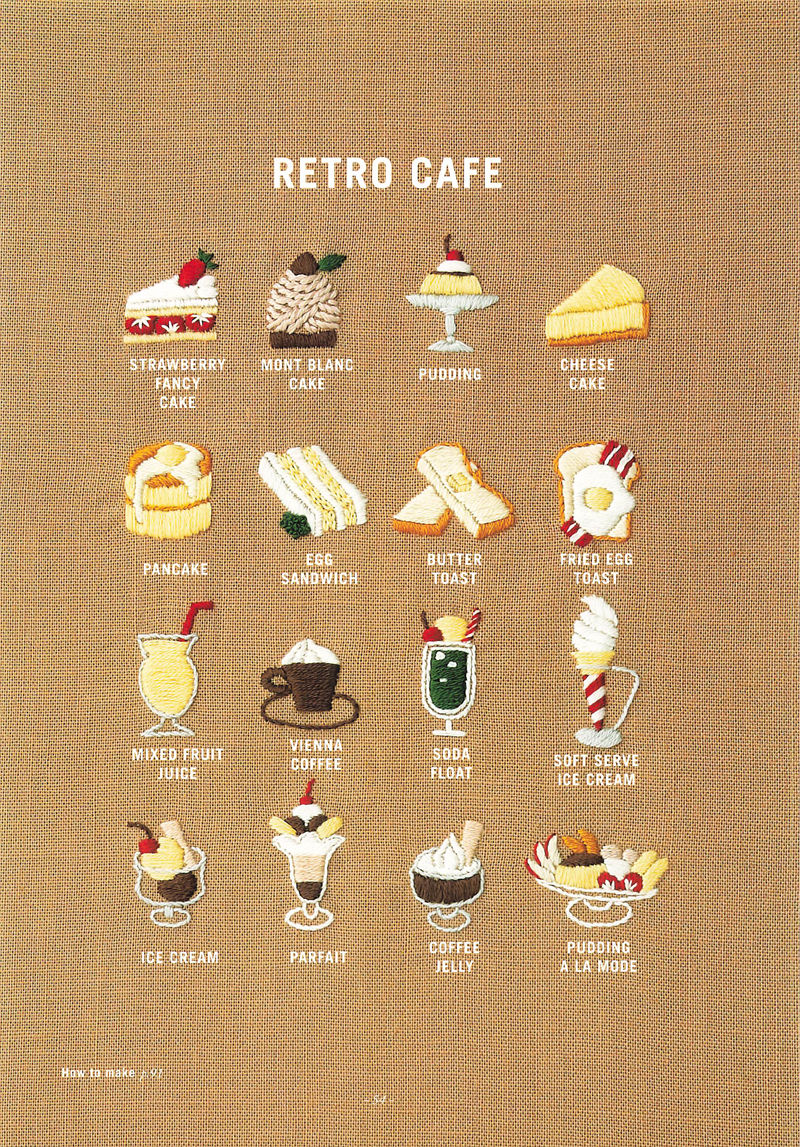 20221014_686 Retro cafe embroidery designs chart: pudding, soda float, parfait, egg sandwich and fried egg toast