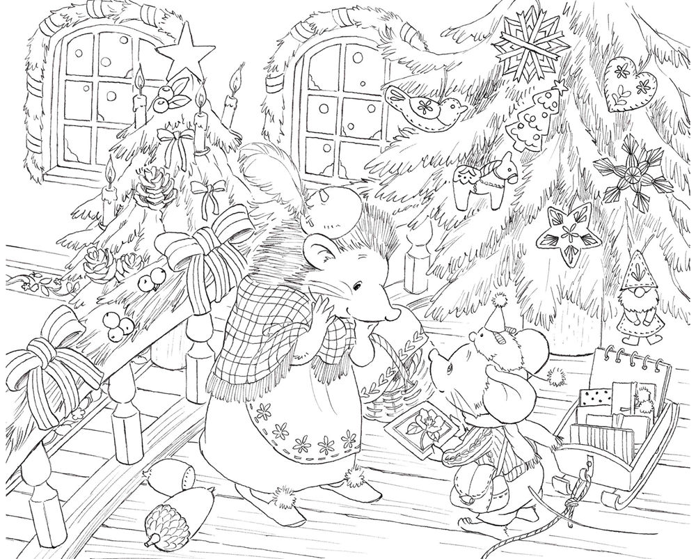 10-christmas-coloring-book-tree-page.jpg Christmas coloring book page of Yururi and a hedgehog friend trimming a tree with ornaments and a loaded sled.