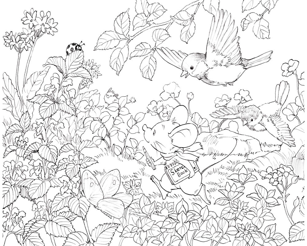 2-field-mouse-sketchbook-coloring-page.jpg Field mouse sketchbook coloring page showing Yururi drawing songbirds and a butterfly in a wildflower meadow.