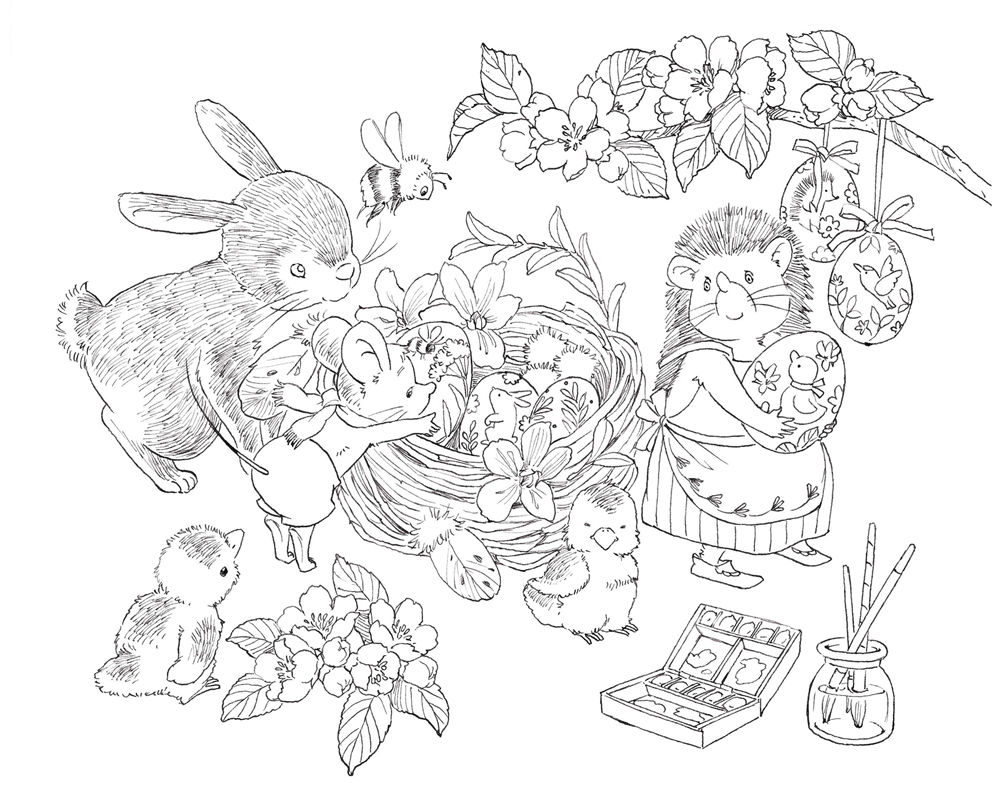 3-woodland-animal-easter-coloring-page.jpg Woodland animal coloring page featuring a rabbit, hedgehog, and baby chicks gathered around a flower-lined nest basket.
