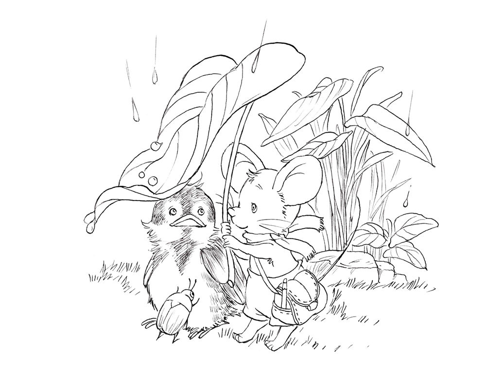 5-forest-animal-rain-coloring-page.jpg Forest animal coloring page of Yururi sheltering a baby bird under a large leaf during a rain shower.