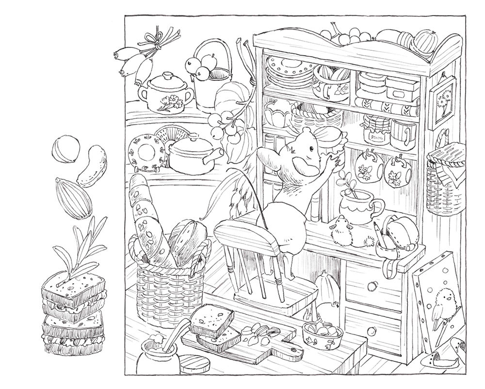 8-cozy-nature-pantry-coloring-page.jpg Cozy nature coloring book page of a mouse reaching into a well-stocked pantry shelf lined with bread and jars.