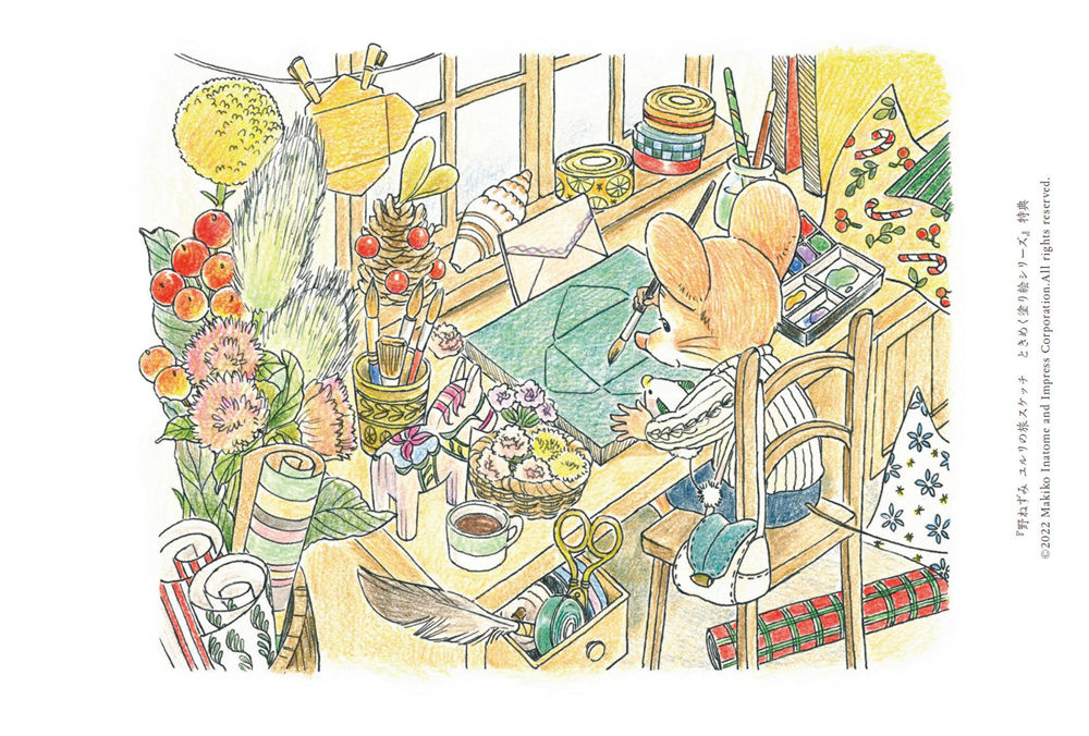 9-japanese-coloring-book-christmas-craft-page.jpg Japanese coloring book page of Yururi wrapping handmade gifts at a desk decorated with pine and ribbon.