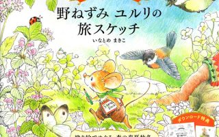 Yururi coloring book cover art of the field mouse walking through a flower meadow with birds and a butterfly overhead.