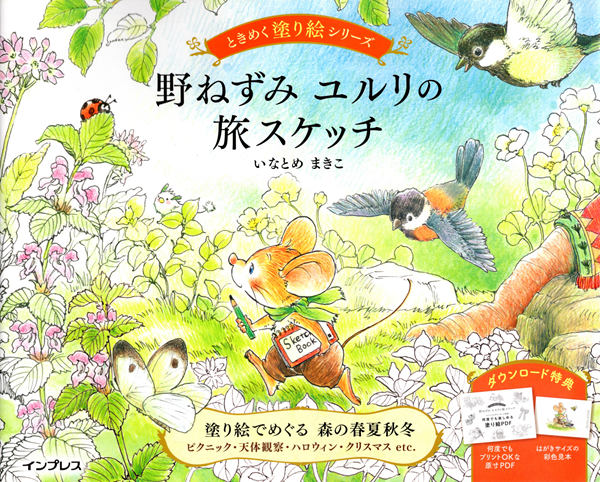 Yururi coloring book cover art of the field mouse walking through a flower meadow with birds and a butterfly overhead.