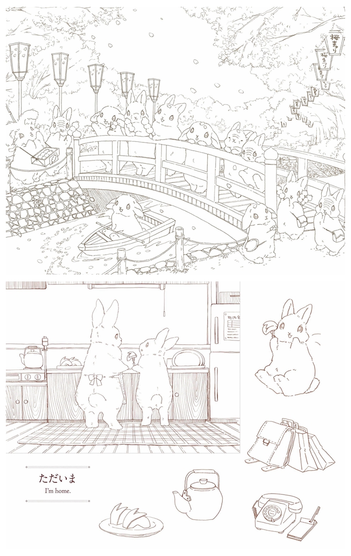 c Discover the Charming World of Rabbit Coloring Pages with Rabbits and Nostalgic Japanese Scenery Printable Coloring Book Preview Download Kayliebooks