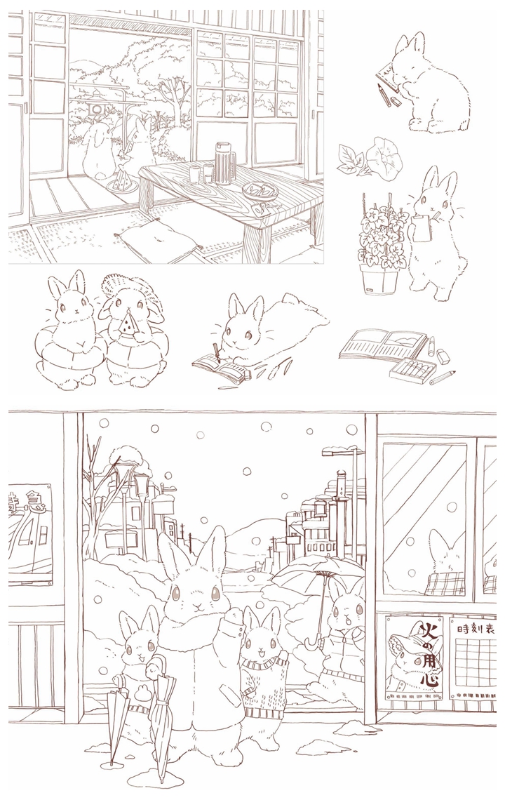 d Discover the Charming World of Rabbit Coloring Pages with Rabbits and Nostalgic Japanese Scenery Printable Coloring Book Preview Download Kayliebooks