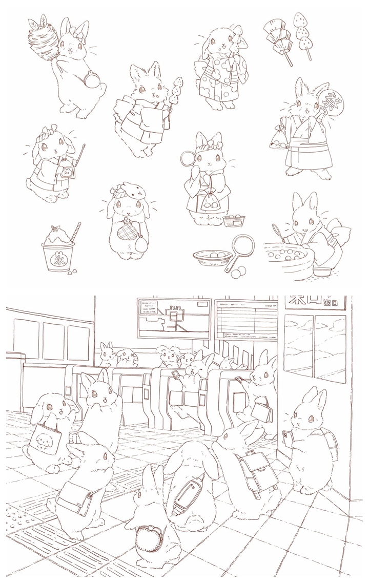 f Discover the Charming World of Rabbit Coloring Pages with Rabbits and Nostalgic Japanese Scenery Printable Coloring Book Preview Download Kayliebooks