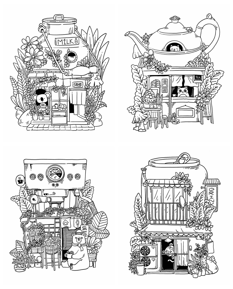 a Printable coloring page featuring four fantasy homes: a milk churn cottage with a koala, a teapot house with a cat, a coffee machine shop with a bear, and a soda can home with a raccoon