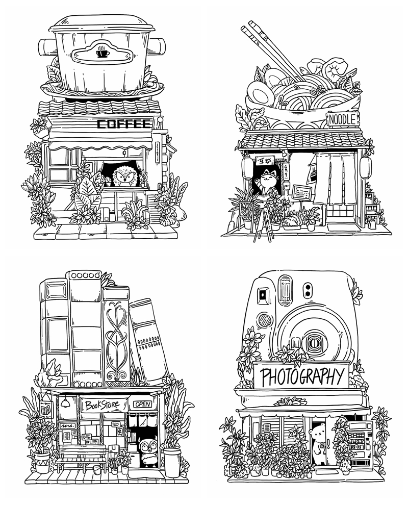 b Whimsical storefront coloring pages featuring a coffee pot cafe with an owl, a ramen bowl shop with a waving cat, a bookstore made of stacked books, and a vintage camera photography studio