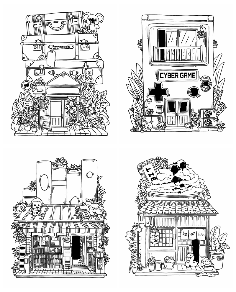 c Fantasy architecture coloring sheet showing a house made of stacked suitcases, a retro game console shop with a cat, a bamboo structure with a monkey, and a dessert drink cottage with a snake
