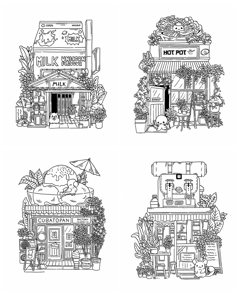 d Cute line art illustrations to color, including a milk carton home, a hot pot restaurant with an octopus chef, an ice cream shop with a bird, and a hiking backpack house with a chinchilla