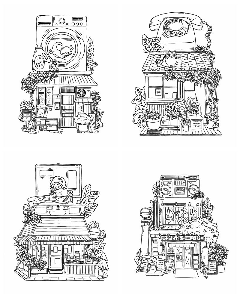 e Unique coloring designs featuring everyday objects turned into homes: a washing machine house with a cat, a retro rotary telephone cottage, a record player shop with a raccoon, and a boombox building