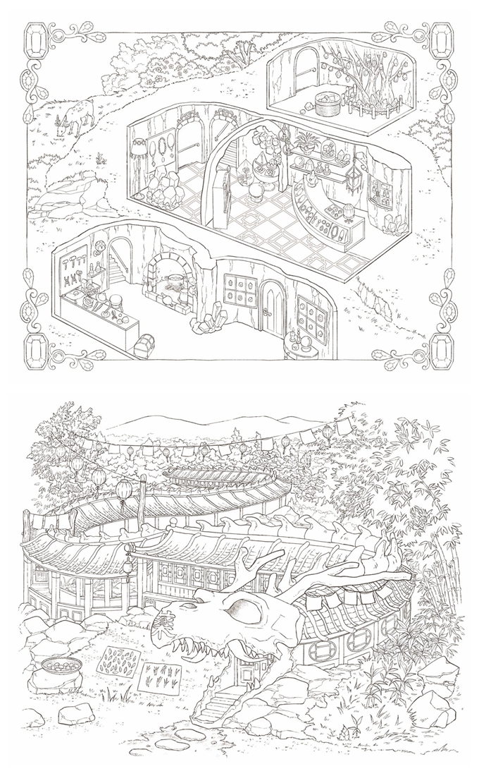 e Two fantasy dwelling cross-sections on one page. The upper illustration shows a multi-room underground burrow with a gem workshop and kitchen carved into the earth. The lower illustration depicts an Asian-style building in a bamboo forest, featuring a massive dragon skull as the main entrance.