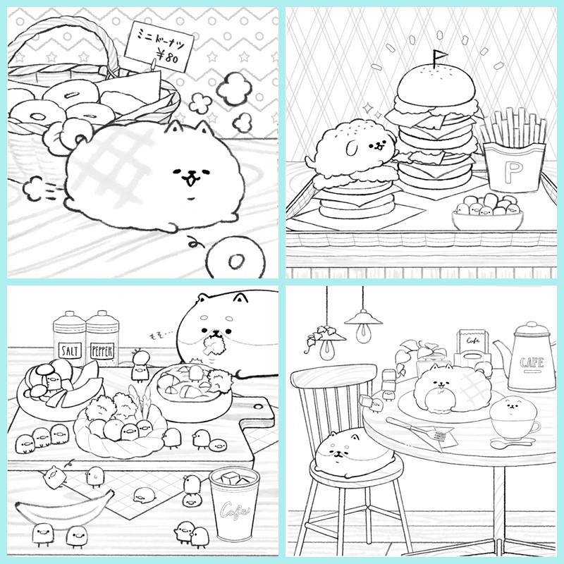 c Kawaii Yeastken coloring pages featuring a donut stall, towering burger restaurant, vegetable cooking spread, and a cozy cafe table scene.