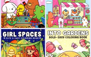 Cozy Cuddles kawaii coloring book bundle showing all 4 books — Cozy Friends, Fuzzy Friends, Girl Spaces, and Into Gardens — featuring cute animals and cozy scenes.