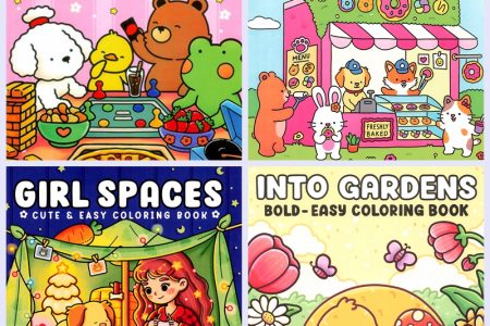 Cozy Cuddles kawaii coloring book bundle showing all 4 books — Cozy Friends, Fuzzy Friends, Girl Spaces, and Into Gardens — featuring cute animals and cozy scenes.
