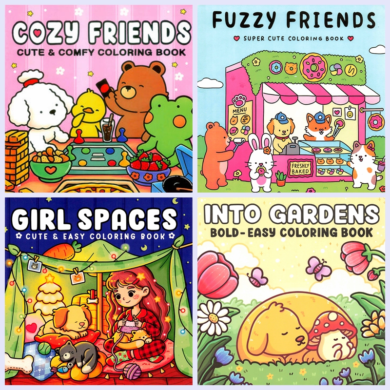 Cozy Cuddles kawaii coloring book bundle showing all 4 books — Cozy Friends, Fuzzy Friends, Girl Spaces, and Into Gardens — featuring cute animals and cozy scenes.