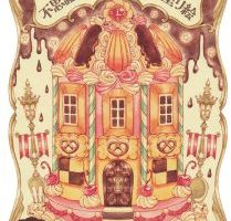 Cover of a Japanese wonderland coloring book showing an illustrated candy house decorated with pretzels, cream, cherries, and a clock tower in warm fantasy tones.