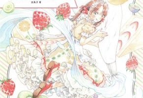 Anime coloring book cover showing a kawaii girl in a frilly dress surrounded by strawberries, kiwi, and citrus fruits in a dreamy cafeteria scene.