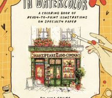 Cover of a watercolor coloring book showing a detailed ink illustration of Shakespeare and Company bookshop with a hand holding a paintbrush on a yellow background.