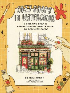 Cover of a watercolor coloring book showing a detailed ink illustration of Shakespeare and Company bookshop with a hand holding a paintbrush on a yellow background.