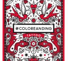 Cover of a tattoo coloring book for adults showing bold red, black and white traditional tattoo designs with swallows, a starburst heart, diamonds and ribbon banners by Malacara and Gale.