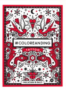 Stunning Tattoo Coloring Book for Adults – 30 Bold Designs from Traditional to Egyptian, Tribal & Mystical Cover - Kayliebooks Cover of a tattoo coloring book for adults showing bold red, black and white traditional tattoo designs with swallows, a starburst heart, diamonds and ribbon banners by Malacara and Gale.