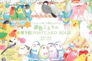 Cover of Miki Takei Coloring Book Vol. 9 featuring kawaii birds in soft watercolor tones on a yellow background.