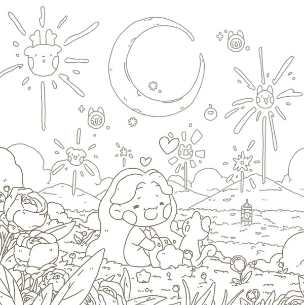20260321172253_027 Uncolored line art of the fireworks meadow scene, one of the printable witch coloring pages ready for your palette.