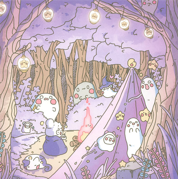 20260321172253_028 White Witch strolls a lantern-lit forest path past a bonfire and gentle ghosts in this fantasy witch coloring book.