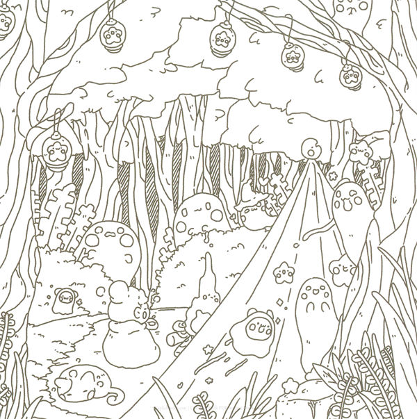 20260321172253_029 The blank outline of the lantern forest path, a detailed forest witch coloring page full of paw-shaped lanterns.
