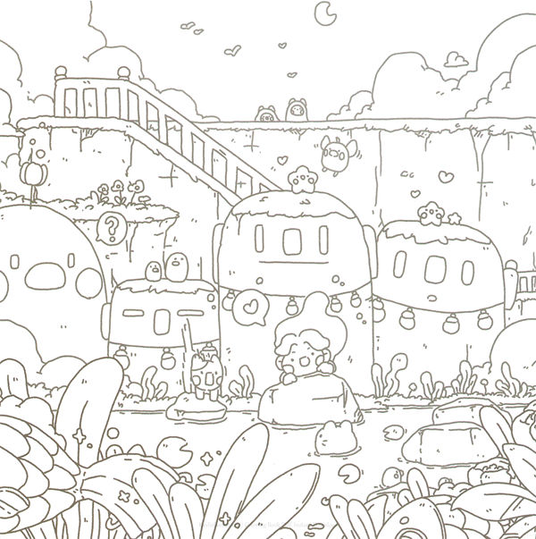 20260321172253_031 Line art of the hillside hot spring village, a whimsical fantasy coloring book spread waiting to be filled in.