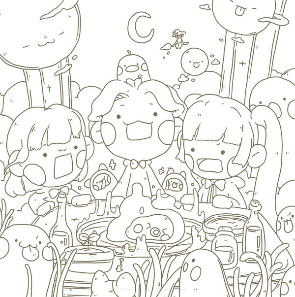 20260321172253_050 Line art of the nighttime potion-making gathering, a detailed witch coloring book for adults page.