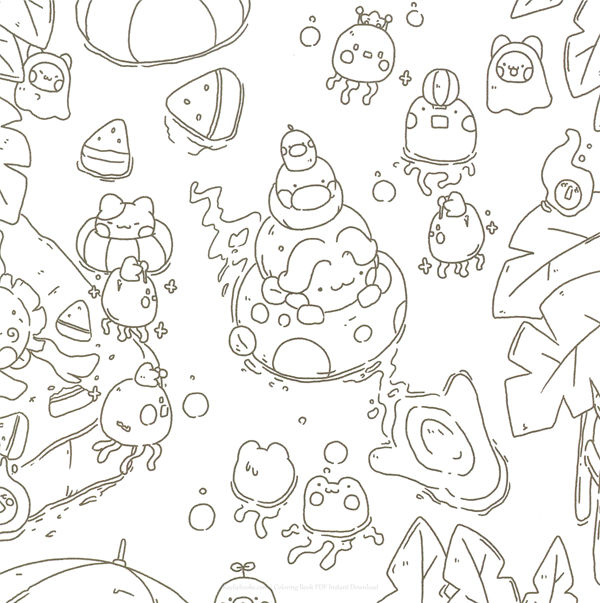 20260321172253_052 Uncolored outline of the floating pool party scene from this digital witch coloring book PDF.