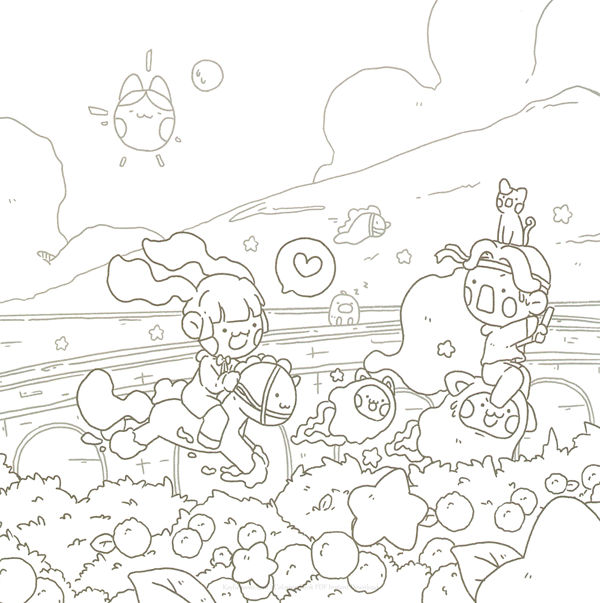 20260321172253_056 Line art of the garden bridge ride, an active spread from this witch adventure coloring book.