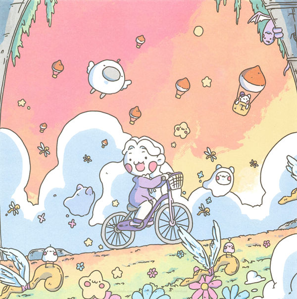 20260321172253_057 White Witch pedals through a sunset sky dotted with balloons on this bicycle fantasy coloring page.