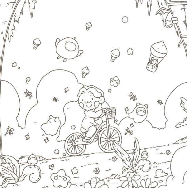20260321172253_058 Uncolored outline of the sunset bicycle ride, a scene from this printable fantasy coloring book.