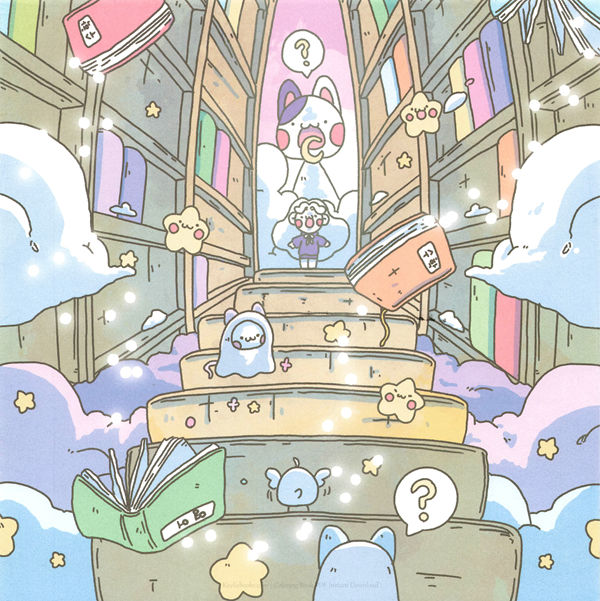 20260321172253_059 White Witch climbs glowing library stairs toward a wise owl on this library witch coloring page.