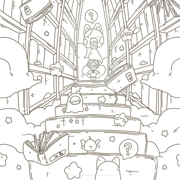 20260321172253_060 Line art of the towering magic library, with small ghost companions dotted through this ghost character coloring book.