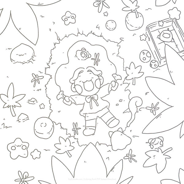 20260321172253_062 Uncolored line art of the autumn leaf spin, a page from this Korean witch coloring book by illustrator Kuna.