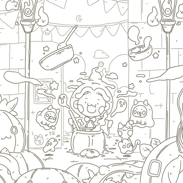 20260321172253_064 Line art of the festival kitchen scene, part of these witch coloring pages for relaxation.