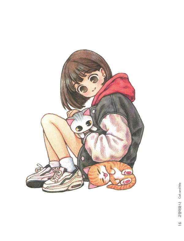 20260321172753_015 Finished color example from the cat and girl coloring book, a girl in a red hood cuddling a grey kitten.