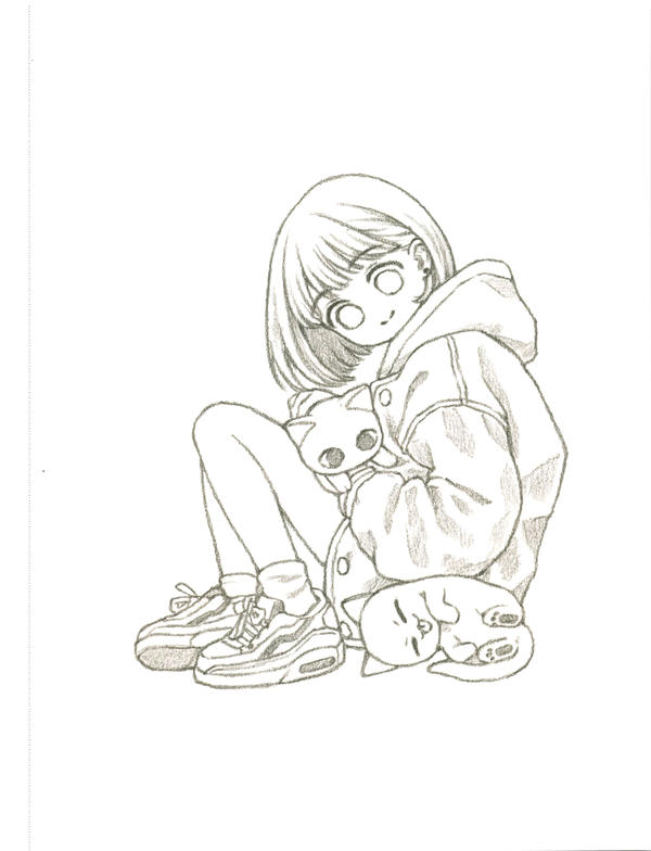 20260321172753_016 Blank kawaii girl coloring page of the same design, sitting cross-legged with two cats at her sneakers.