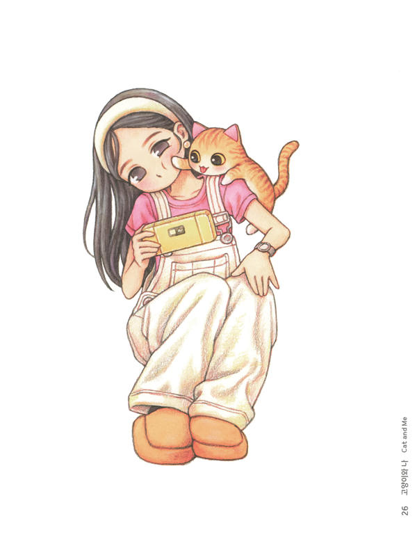 20260321172753_025 Rowon illustration coloring pages shown colored — overalls, a yellow film camera and a ginger cat on her shoulder.
